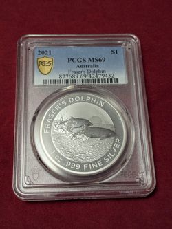 2021 Australia Fraser's Dolphin 1oz. Silver .999 PCGS MS69