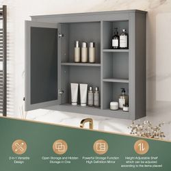 Storage Medicine Cabinet 35-in x 27.5 Surface Mount Gy Mirrored Rectangle Medicine Cabinet