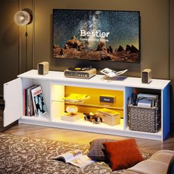 Bestier Gaming LED TV Stand for 65 Inch TV, Entertainment Center with Cabinet for PS5 Xbox, Modern TV Console for Living Room Bedroom, Adjustable Glas