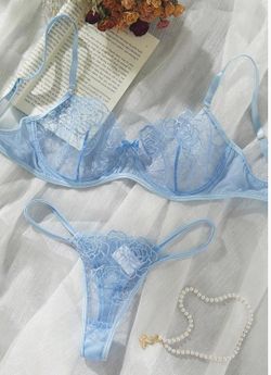 Medium baby light blue Satin Mesh Floral Sheer Embroidered Underwire Lingerie Set 2 Piece Women