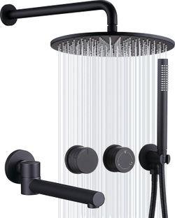 Black Shower System with Tub Spout, 12 Inch Pressure Balance Rainfall Shower System, 2 Handle Wall Mounted Shower Faucet ($237.99)