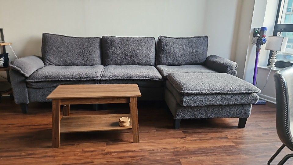 Modern Gray Sectional Sofa + Wood Coffee Table - Great Condition