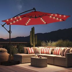 10ft Solar LED Outdoor Cantilever Patio Umbrella with Base