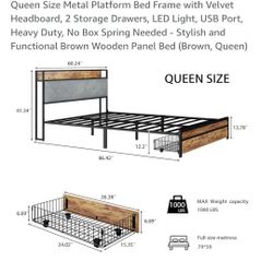 Brand New. Queen Size Metal Platform Bed Frame with Velvet Headboard, 2 Storage Drawers, LED Light, USB Port, Heavy Duty, No Box Spring Needed 