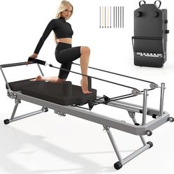 Pilates Reformer Machine for Home Gym Workout, Foldable Pilates Equipment with High Strength Alloy Springs for Beginners, Up to 400lbs 