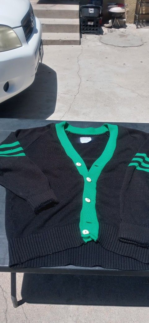 Vintage 50s 60s Athletic Knitwear Distressed Thrashed Varsity Letterman Cardigan Sweater 38 Blk & Green