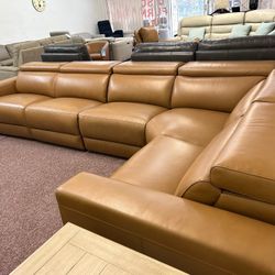Furniture- 100% Real Top Grain Leather 5 Pc Sectional With 3 Power Recliners- Nevio