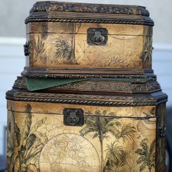 Vintage Style Old World Map Decorative Storage Trunks / Nesting Treasure Chest Set