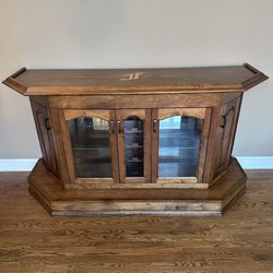 Solid Walnut Wood “F” Bar Cabinet with Glass Shelving, Wine Rack And Interior Lighting