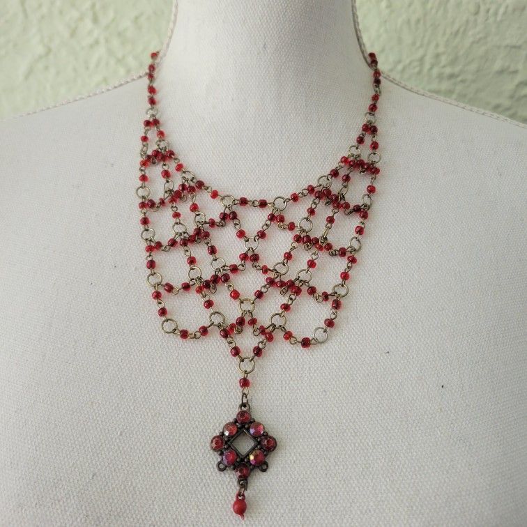 Vintage Bib Choker Necklace 18" Red Glass & Acrylic Cascade Flower Pendant
