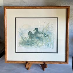 Vintage Pencil Signed and Numbered “Ducks in a Pond” Print by Mads Stage