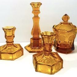 Vintage FOSTORIA Coin Amber Glass Set of 4 Candlestick Holders & Lidded Bowl