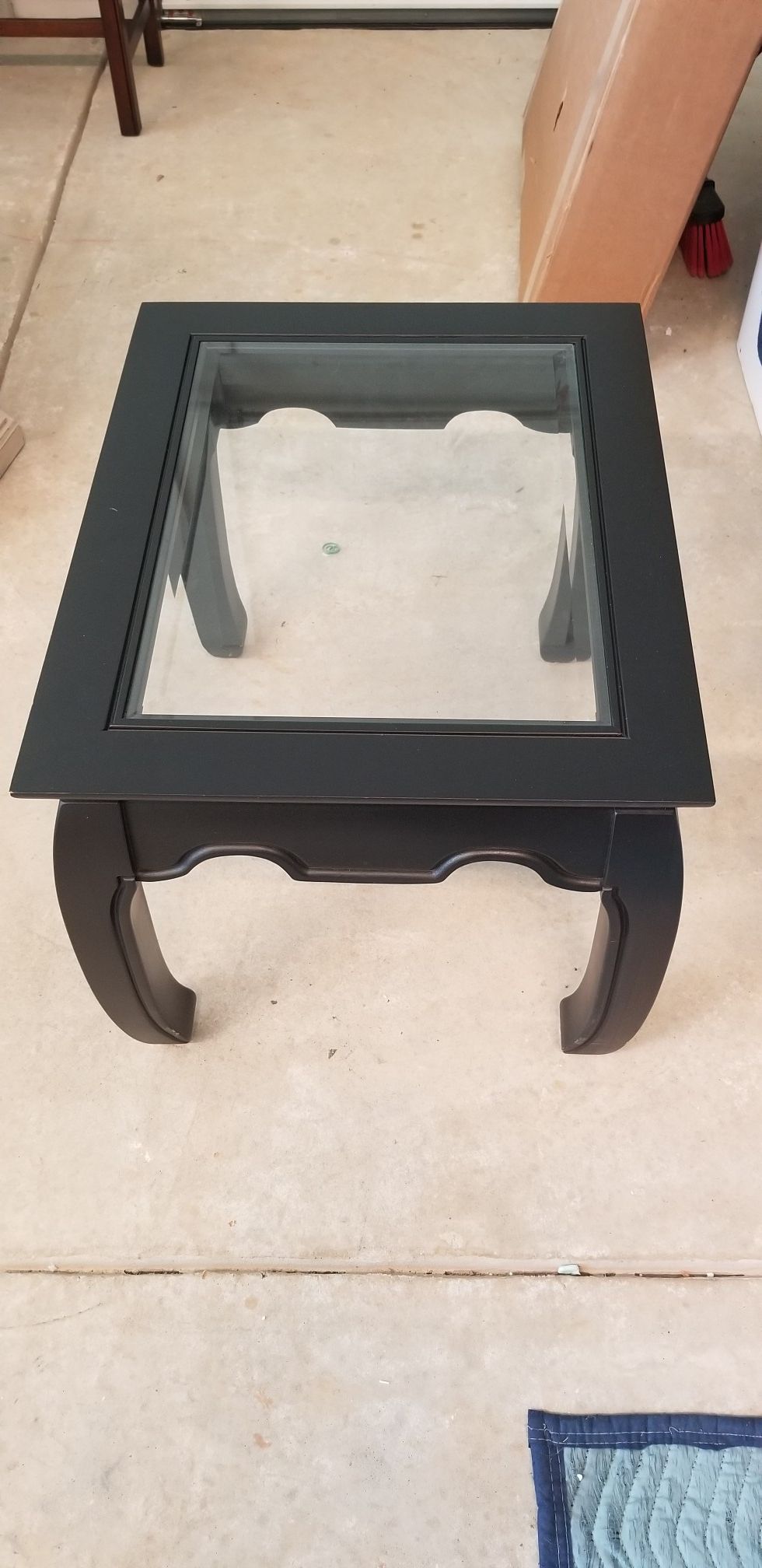 Black coffee table and end table with beveled glass inserts
