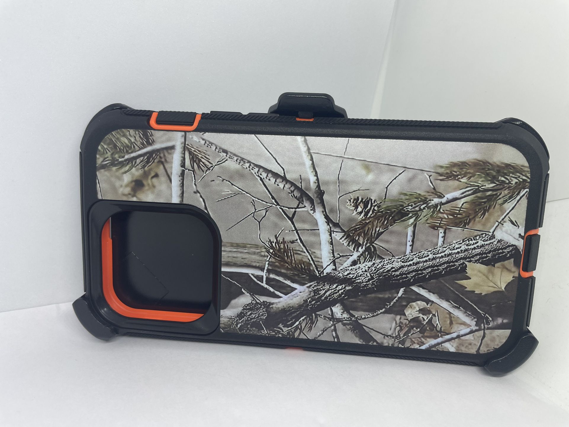 For iPhone 13 Pro Orange Tree Camouflage Belt Clíp Case 