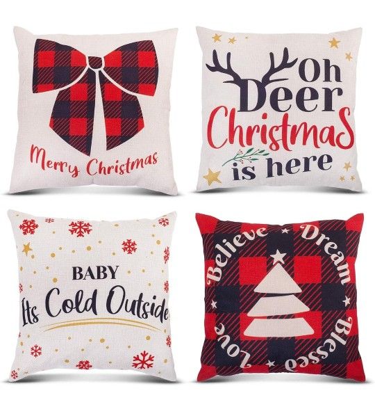 Christmas Pillow Covers 18x18 Set of 4 Pieces - Decorative 18x18 Christmas Cushion Covers for the Holidays - Cute Xmas Pillows Covers for a Great Holi