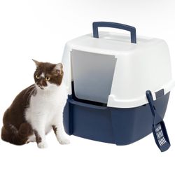 NEW IRIS USA Jumbo Enclosed Hooded Cat Litter Box with Front Door Flap and Scoop, Navy