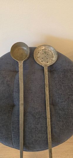 Vintage Metal Hand-Forged Long Handle Ladle & Skimmer Set Rustic Farmhouse Kitchen Decor