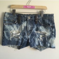 EXPRESS Y2K Navy Blue Acid Wash Distressed Rhinestone Cut Off High Rise Shorts
