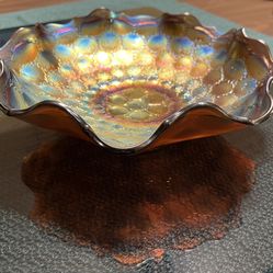 Vintage Carnival Glass Coin Dot Ruffled Edge  Round Bowl 9” Iridescent 