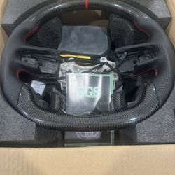 3K Carbon Fiber Steering Wheel for Dodge Ram TRX 1500 2021-2024，D-Shaped Flat-Bottom Design OEM Fit Heated Wheel with Perforated Leather And Paddle Sh