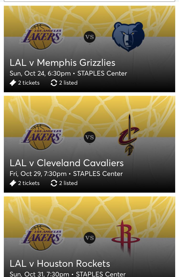 2 Lakers Tickets Section 115 Row 10 Cavs, Rockets, OKC, Hornets, Grizzlies,