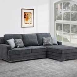Dark Gray RHF Fabric Stationary Sectional Sofa w/ Chaise + Pillows
