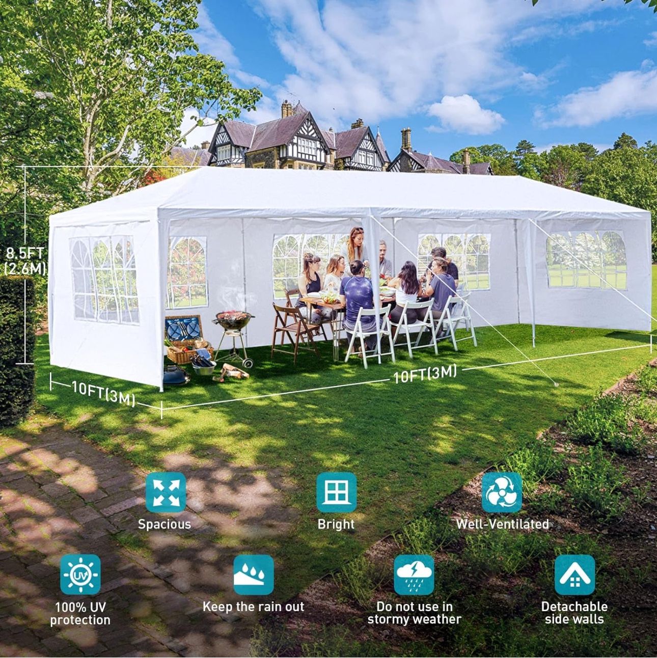 10 x 30 ft Canoppy Tent for Outdoor Celebrations with 6 Window Walls and 2 Zipper Walls 