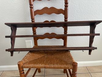 Vintage Wooden Wall Shelf with Plate Rail and Hooks