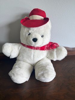 White Plush Teddy Bear with Cowboy Hat and Bandana
