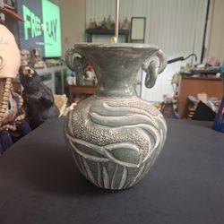 Mexican Folk Art Vase Vintage Mid To Late 20th Century, Features Gray-Green Matte Wash Finish W/Deep Carved Curvy Lines 8.5"H x 6.5"W