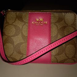 Coach Corner Zip Wristlet In Signature Coated Canva w/ Pink Colored Leather Stripe

