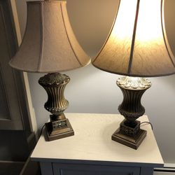 2 traditional lamps with 3 way switches and fancy lamp shades