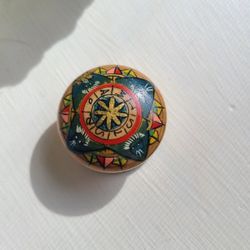 Ukranian Egg style Trinket Box Round Wooden Hand Painted Floral Star Sun Dial 