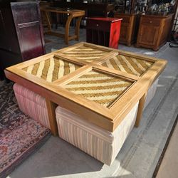 Mid-Century Modern Lane Altavista Pencil Reed Coffee Table with qty 4 Ottomans