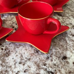 Williams-Sonoma Holiday Star Espresso Red Porcelain Demitasse Cup Saucer Set