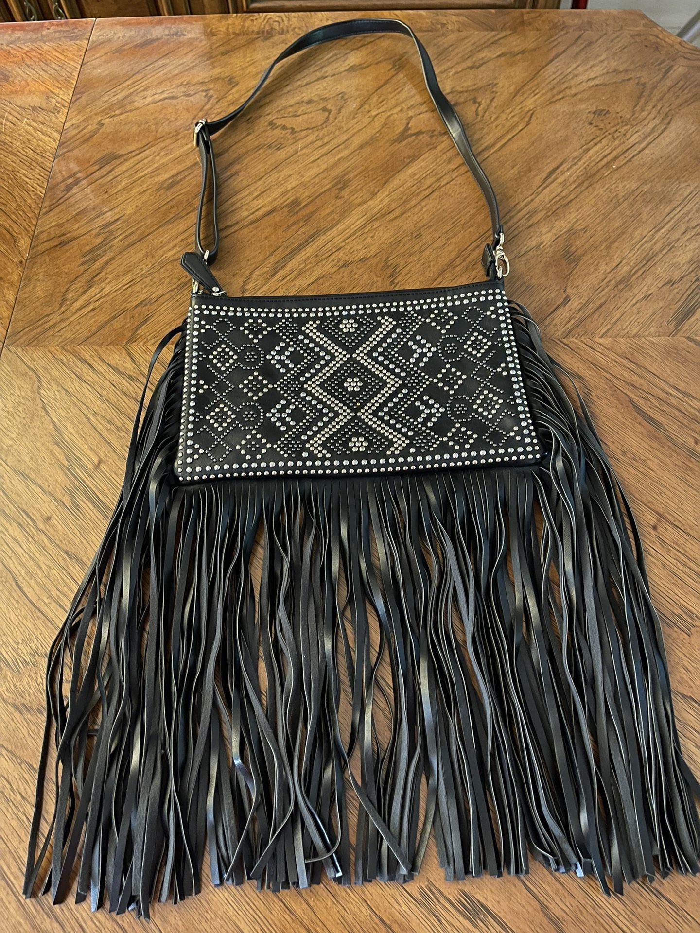 Black studded Fringed Faux Leather Imoshion Shoulder or Crossbody Bag