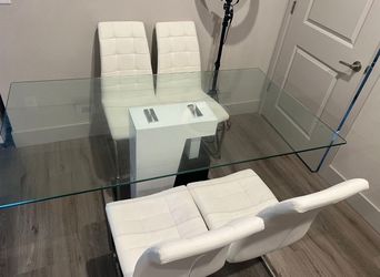 Modern 5-Piece Glass Dining Table Set with White Faux Leather Chairs