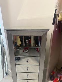 Silver Mirrored Jewelry Armoire / Jewelry Organizer – 6 Drawers + Necklace Storage
