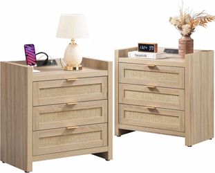 ❤️🔥 #C. Rattan Nightstands Set of 2, Tall Bedside Table with 3 Drawers $130