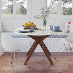 Elysian 50 Inch Round Faux Marble Dining Table In Walnut