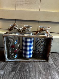 Rustic Wood Crate with 3 Glass Bud Vases