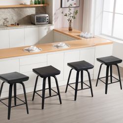 0583 Wahson 26" Swivel Counter Height Stools, Wood Bar Stools Set of 2, Backless Saddle Stools, Leather Cushion Bar Height Chairs with Black Wooden Fo