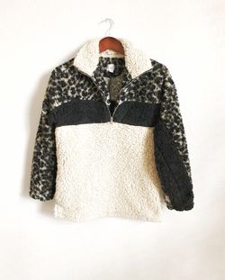 Peyton Jensen Evereve Sherpa Fleece Teddy Quarter Zip Up Leopard Pullover Jacket