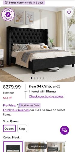 Duluth Upholstered Wingback Bed with Tall Tufted Headboard and Nailhead Trim, Black