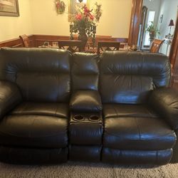 Brown Leather Sofa And Loveseat With Coffee Table And End Tables