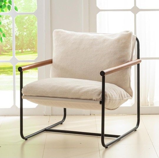 Beige Modern Accent Chair Living Room Chair with Wood Armrests, Foam Cushion & Sturdy Metal Frame Reading Chair Retails $121