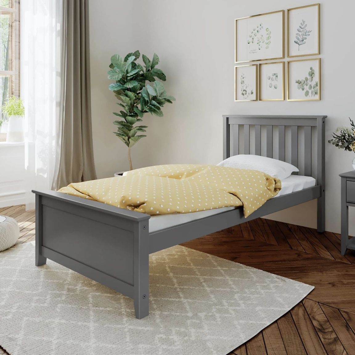 29-55 Max & Lily Twin Bed Frame with Slatted Headboard, Solid Wood Platform Bed for Kids, No Box Spring Needed, Easy Assembly, Grey