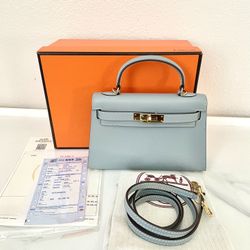 Hermes Mini Kelly Size 20 Blue Brume, Epsom Leather With Gold Hardware 