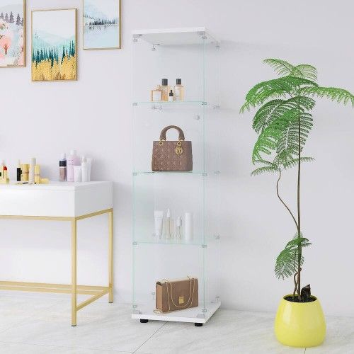 JOUBHC Glass Display Cabinet 4 Shelves with Door, Floor Standing Curio Bookshelf for Living Room Bedroom Office, 65 in x 16.73 in x 15 in