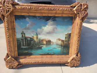 XL VENICE VENETIAN OIL CANVAS PAINTING XL GILTWOOD FRAMED GOLD OIL GIANT ITALIAN